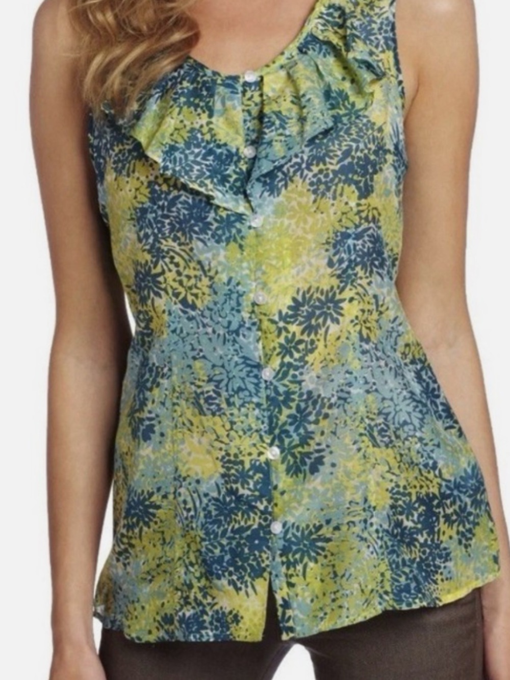 Pendleton Yellow & Teal Floral Ruffle-Front Button Tank